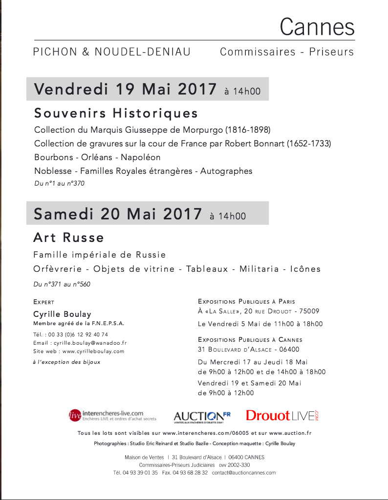 Programme. Cannes. Vente Art Russe et de Souvenirs Historiques à Cannes. 2017-05-20